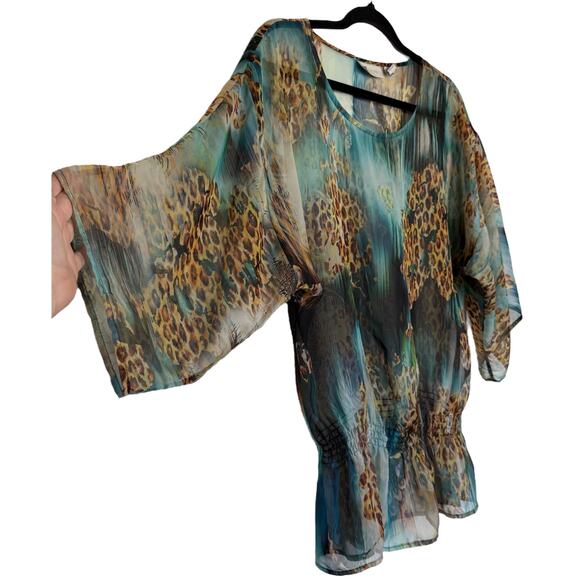 Chico's Teal Animal Print Sheer Blouse with flowy sleeves & elastic waist Medium - Picture 2 of 8